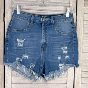FASHION NOVA "Far Out" Distressed Stretch Denim Jean Shorts Blue-7